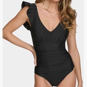 DKNY Plunge neck ruffled one piece bathing suit Black XL